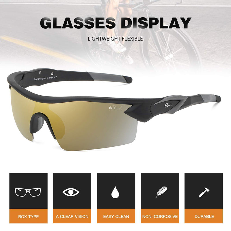 Bevi Polarized Sports Sunglasses TR90 Unbreakable Frame for Men Women Running Cycling Golf Baseball Gold/Black