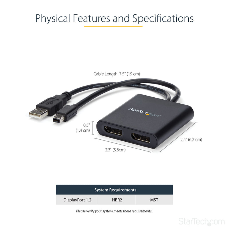 StarTech.com Mini DisplayPort MST Hub - Mini DisplayPort to DisplayPort Multi Monitor Splitter - MST Hub mDP 1.2 to 2x DP (MSTMDP122DP) Black 2x DisplayPort