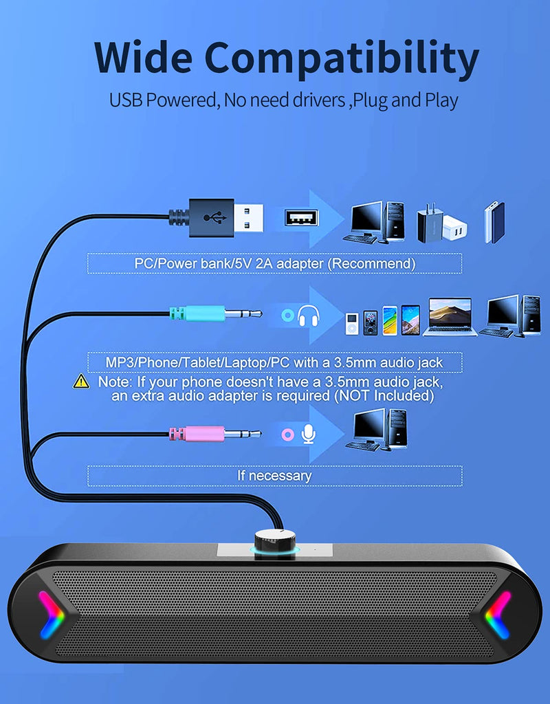 LENRUE Computer Speakers,Wired USB-Powered PC Speakers with 10W Stereo Sound,Gaming Sound-bar Speakers for PC Desktop Computer Laptop Monitor (Black) Black
