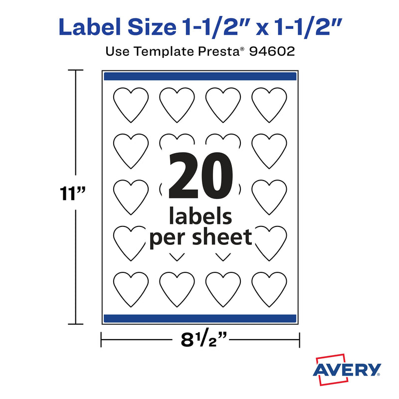 Avery Matte White Heart Labels with Sure Feed, 1.5" x 1.5", 500 Matte White Printable Labels 500 Labels