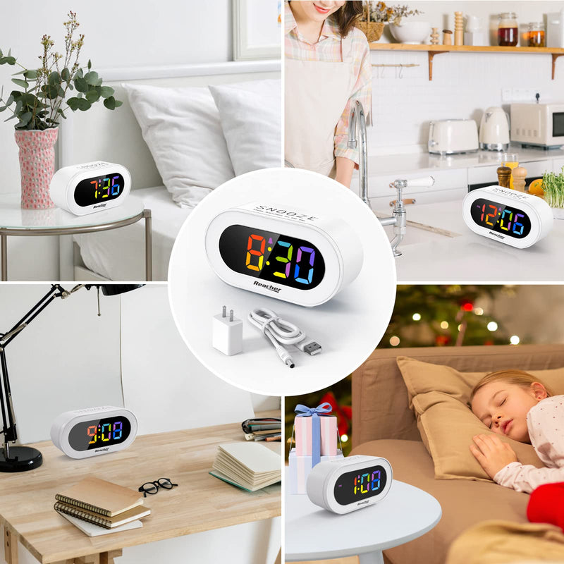 REACHER Small Colorful LED Digital Alarm Clock with Snooze, Simple to Operate, Full Range Brightness Dimmer, Adjustable Alarm Volume, Outlet Powered Compact Clock for Bedrooms, Bedside, Desk, Shelf Colorful Digit