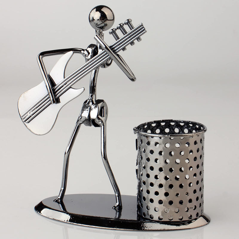HAZOULEN Metal Art Pen Pencil Holder with a Musician Playing Music, Office Home Decoration Desk Container Desktop Organizer
