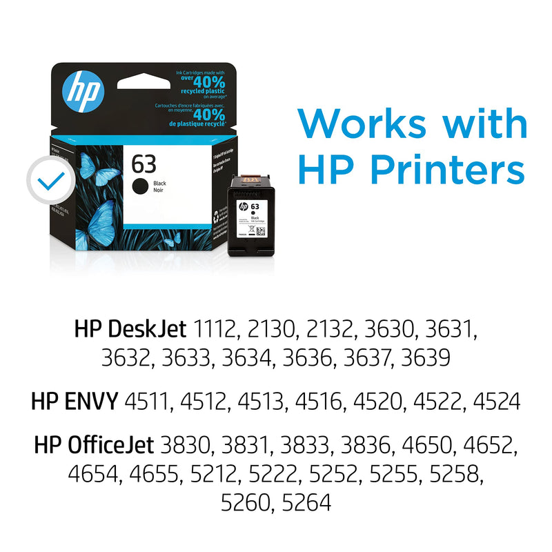 Original HP 63 Black Ink Cartridge | Works with HP DeskJet 1112, 2100 Series, 3600 Series, HP ENVY 4500 Series, HP OfficeJet 3800 Series, 4600 Series, 5200 Series | Eligible for Instant Ink | F6U62AN