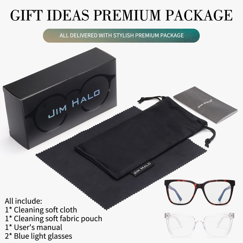 JIM HALO 2 Pack Anti Blue Light Glasses for Women Men, Oversized Square Computer/Gaming/TV/Phones Glasses Bluelight Blocking Demi + Transparent
