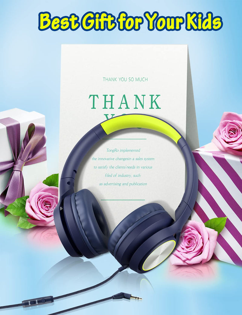 Kids Headphones with Microphone, Wired Over Ear Headsets with Limited Volume 85dB/ 94dB for Boys Girls Teens Children Online School/Travel/iPad/Tablet/Cellphone Blue