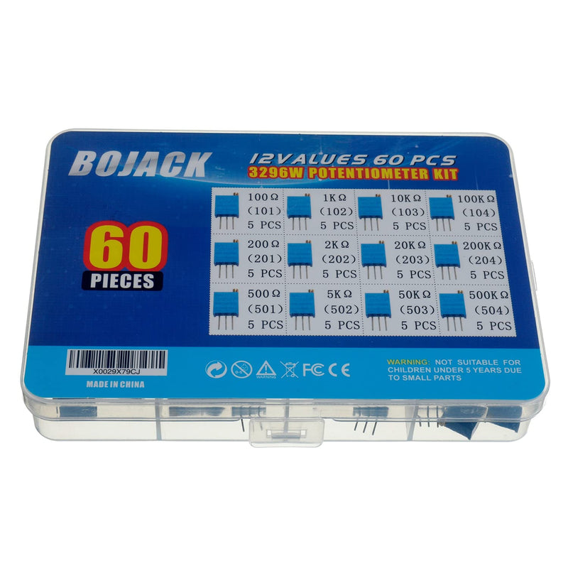 BOJACK 12 Values 60pcs 100 to 500K Ohm 3296W Multiturn Trimmer Potentiometer Assortment Pack in a Clear Plastic Box