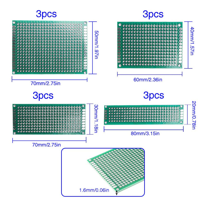 VooGenzek 46 pieces PCB board kits, 12 pieces double-sided circuit board prototype cards + 12 pieces male/female header connector + 10 pieces 2/3-pin screw terminal + 12 pieces nylon column 12+12+10+12