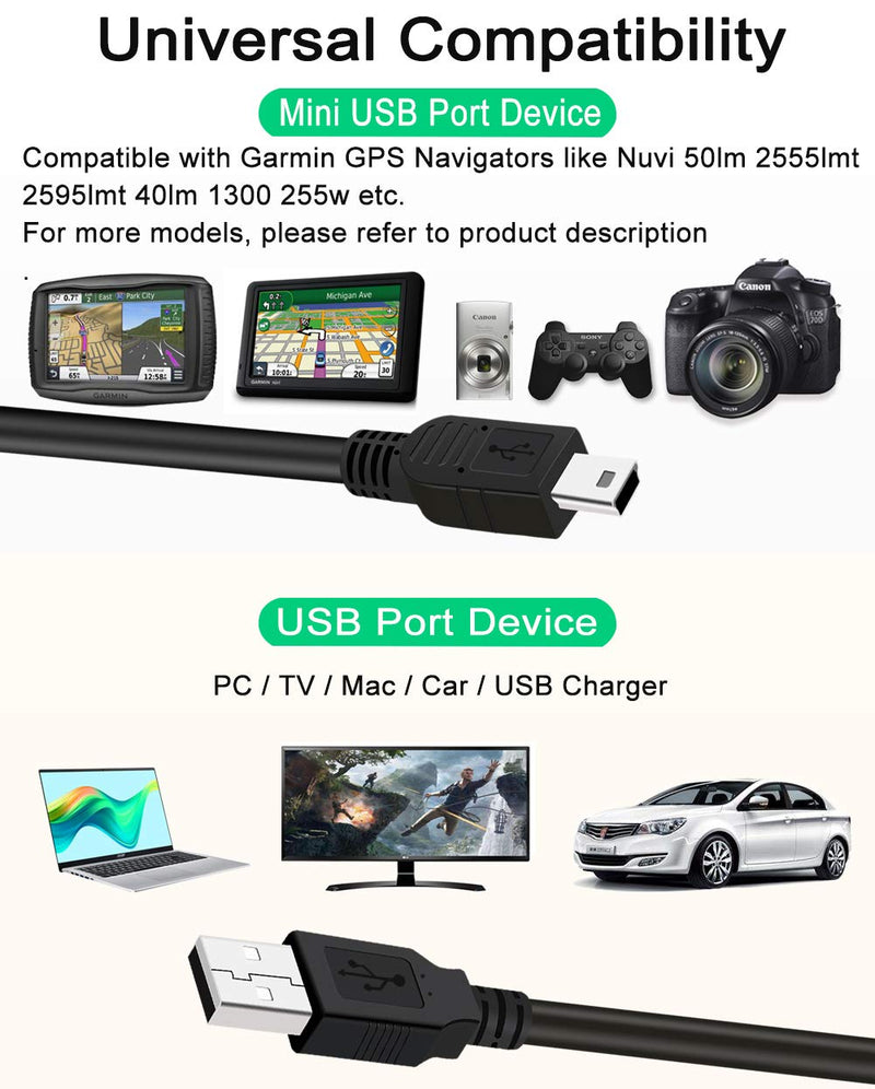 2-Pack 10FT USB Power Cord for Garmin Charger Cable,GPS,Rearview Mirror Cam,Backup Camera,Car Vehicle,Dash Cam,Mini USB Charging Cord Data Sync Wire for Garmin Charging Cable for Garmin Nuvi USB Cable