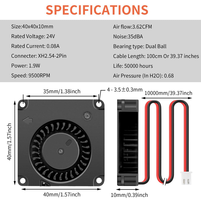 Wathai 40mm x 10mm DC 24V Blower Fan Extruder Hot End Turbo Duall Ball High Speed 4010 Radial Fans for Ender 3 3D Printer Cooling 2 Pack