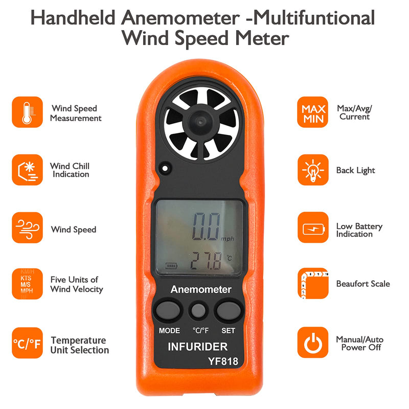 Digital Anemometer Handheld,INFURIDER YF818 Wind Speed Meter Gauge,Accurate Measures Wind Velocity & Temperature with Wind Chill Backlight MAX/AVG,Airflow Meter for Outdoor Activities【2022 Upgraded】 Orange