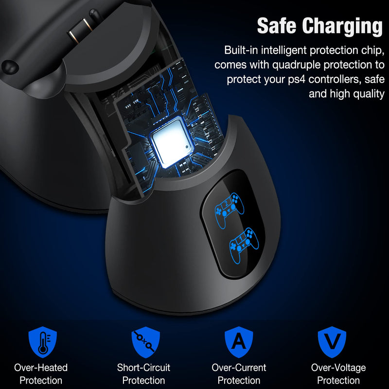 PS4 Controller Charger Station, PS4 Charger PS4 Charging Station for Playstation 4 Dualshock 4 Controller, Upgraded PS4 Charging Dock Station with Fast-Charging Port for Playstation 4 Controllers Black-Blue