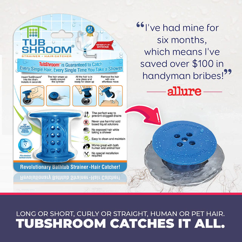TubShroom Revolutionary Tub Drain Protector Hair Catcher/Strainer/Snare, Blue