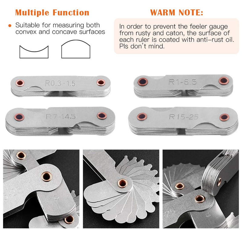 Rustark 4 Pcs Metric Radius Gauge Stainless Metal External and Internal Arc Fillet Concave Convex Measuring Tool Set Including R0.3-1.5/ R1-6.5/ R7-14.5/ R15-25