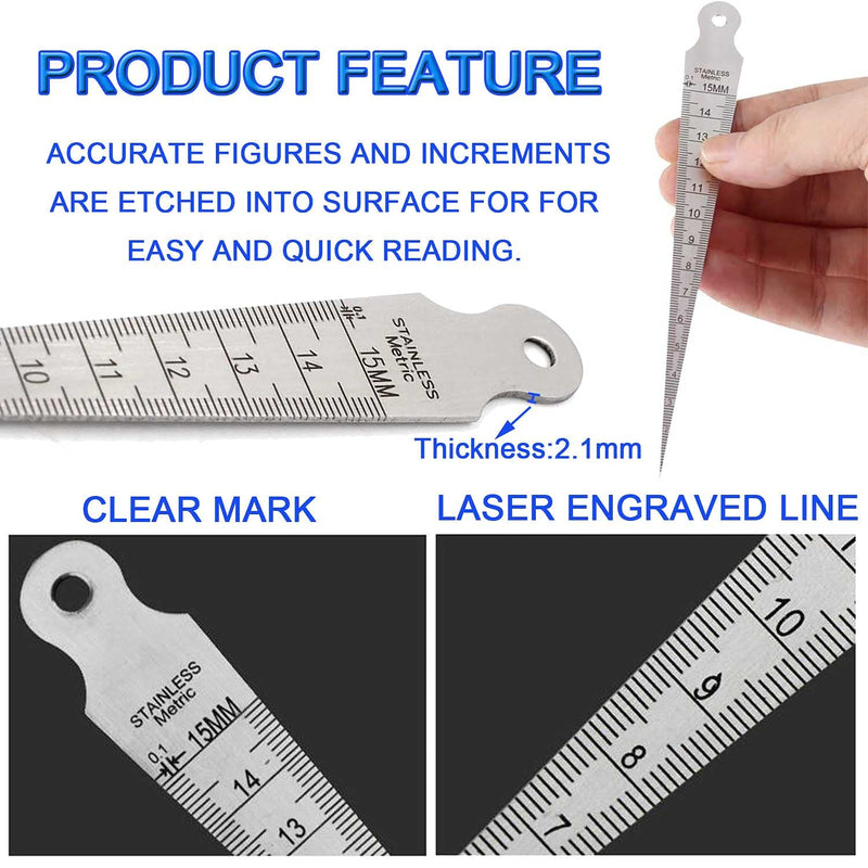 Taper Gauge - 1-15mm 1/32-5/8 Inch Stainless Steel Gap Taper Welding Thickness Gauge Gage Test Ulnar, Inch & Metric Hole Inspection Measure Tool