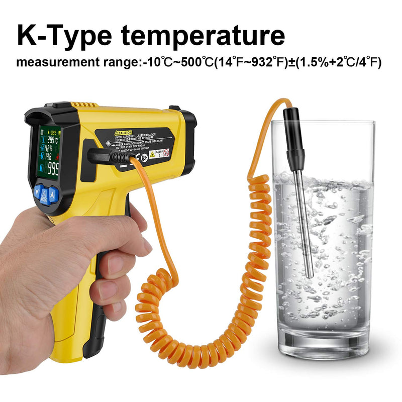 Infrared thermometer MESTEK temperature measuring device digital laser IR pyrometer K-probe -50°C ~ 800°C non-contact with color LCD alarm function adjustable emissivity for kitchen grill automotive