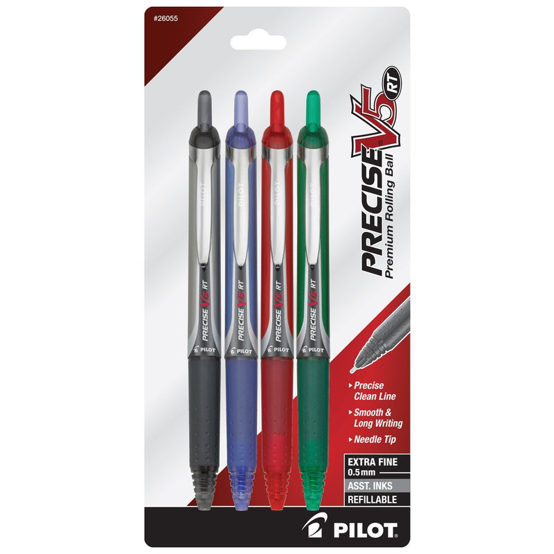 Pilot Precise V5 RT Retractable Fine Point Rolling Ball Pen, 3 Each Black/Blue/Red/Green Ink, 12-Pack