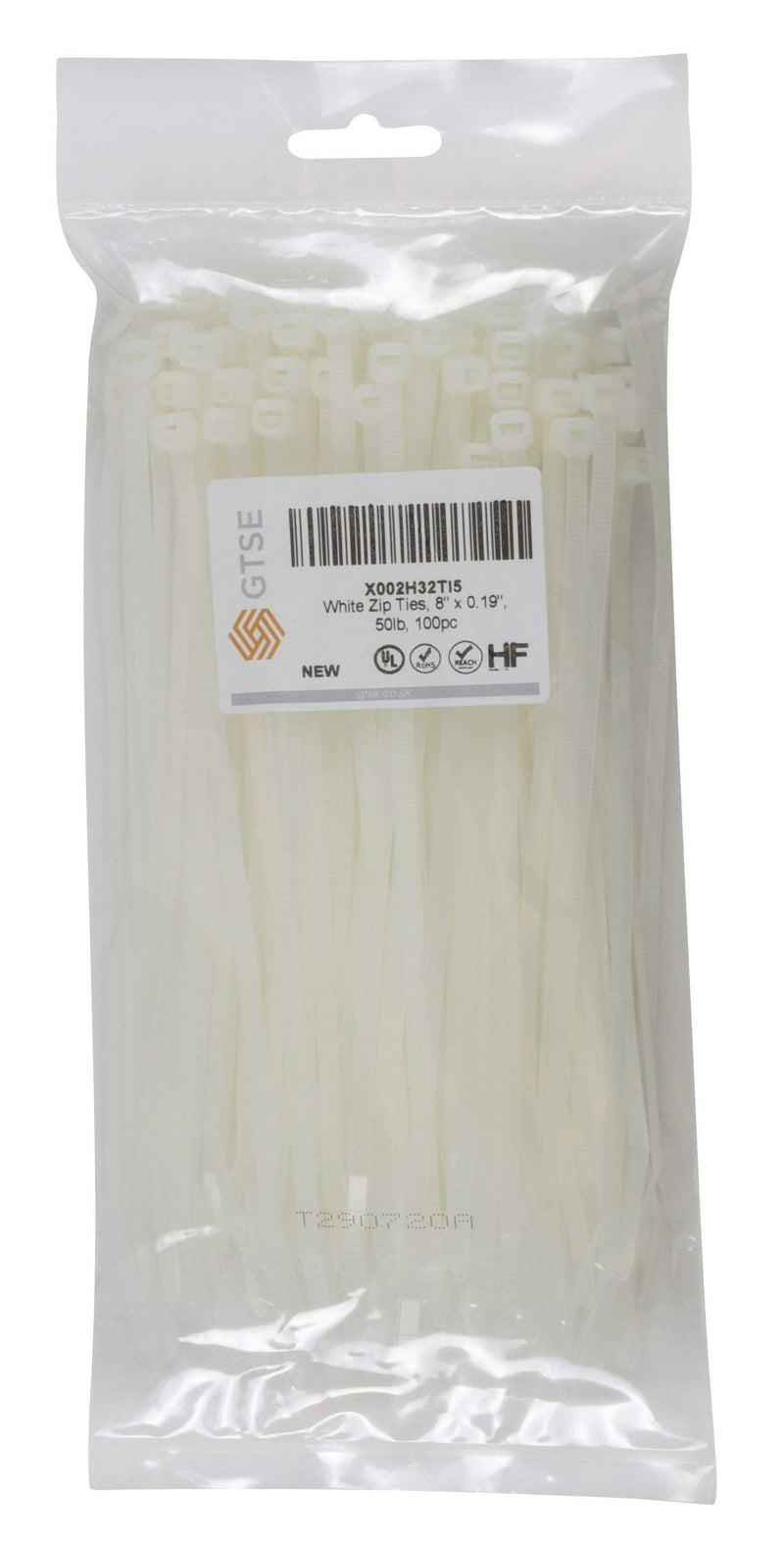 GTSE 8 Inch White/Clear Zip Ties, 100 Pack, 50lb Strength, UV Resistant Strong Nylon Cable Ties, Self-Locking 8" Tie Wraps 8" (50lb)