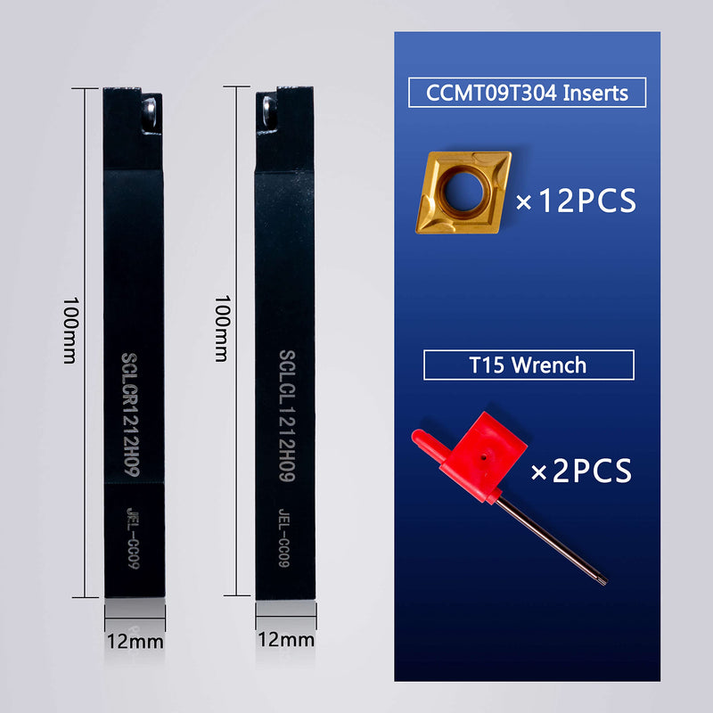 Lathe Turning Tool Threading Holder - 1/2" SCLCL1212H09+1/2" SCLCR1212H09+12pcs Indexable Carbide Inserts CCMT09T304 Golden +2pcs Wrenches for Lathe Threading Tool Metal Cutting