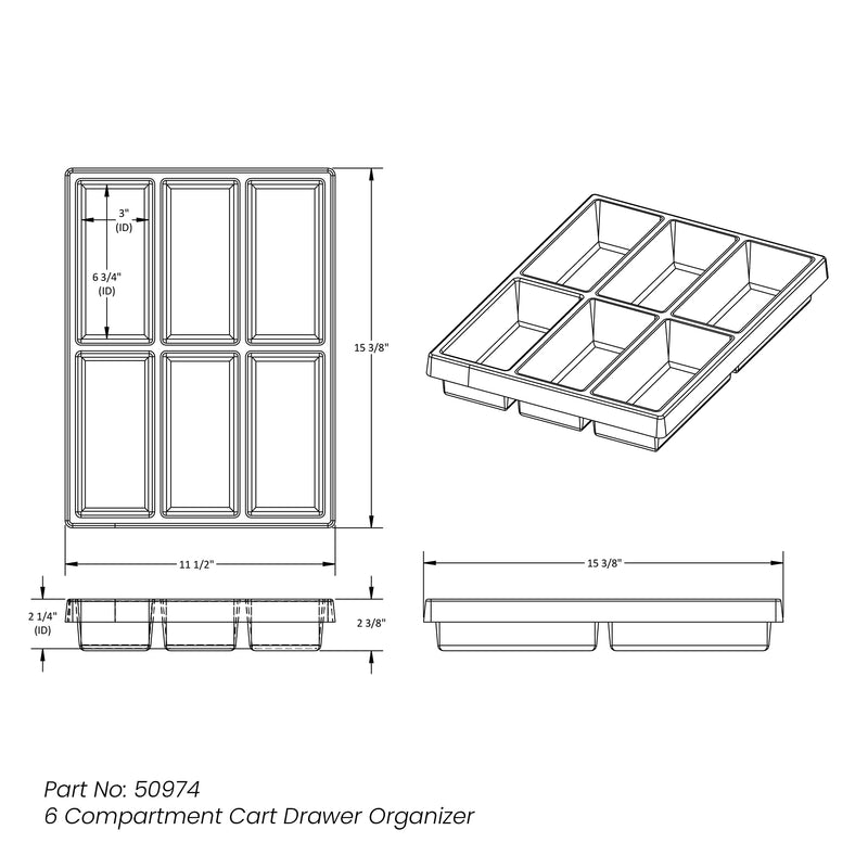 TrippNT 50974 High Impact Styrene 6 Compartment Drawer Organizer, 11-5/8" Width x 2-3/8" Height x 15-5/8" Depth , WHITE 6 Compartments