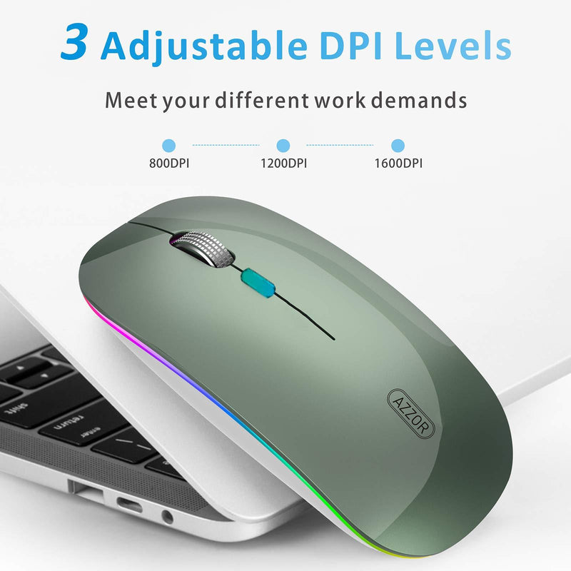 LED Wireless Mouse, G12 Slim Rechargeable Wireless Silent Mouse, 2.4G Portable USB Optical Wireless Computer Mice with USB Receiver and Type C Adapter (Blacklish Green) Blacklish Green