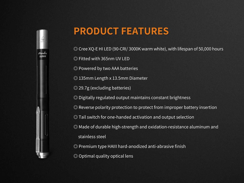 Fenix LD05 V2.0 100 lumen neutral white/UV pen-type LED flashlight bundle with 2 x AAA EdisonBright batteries