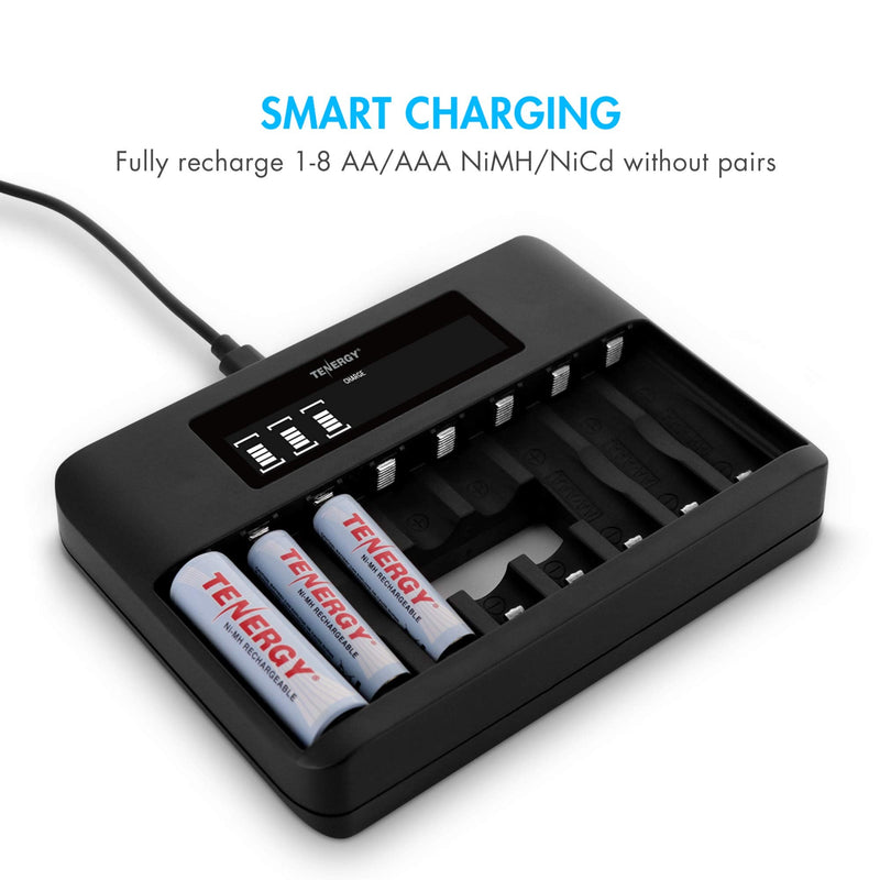 Tenergy TN480U 8-Bay LCD Display Fast Charger for NiMH/NiCD AA AAA Rechargeable Batteries with 4pcs 2500mah AA and 4pcs 1000mah AAA Rechargeable Batteries 4AA + 4AAA + Charger