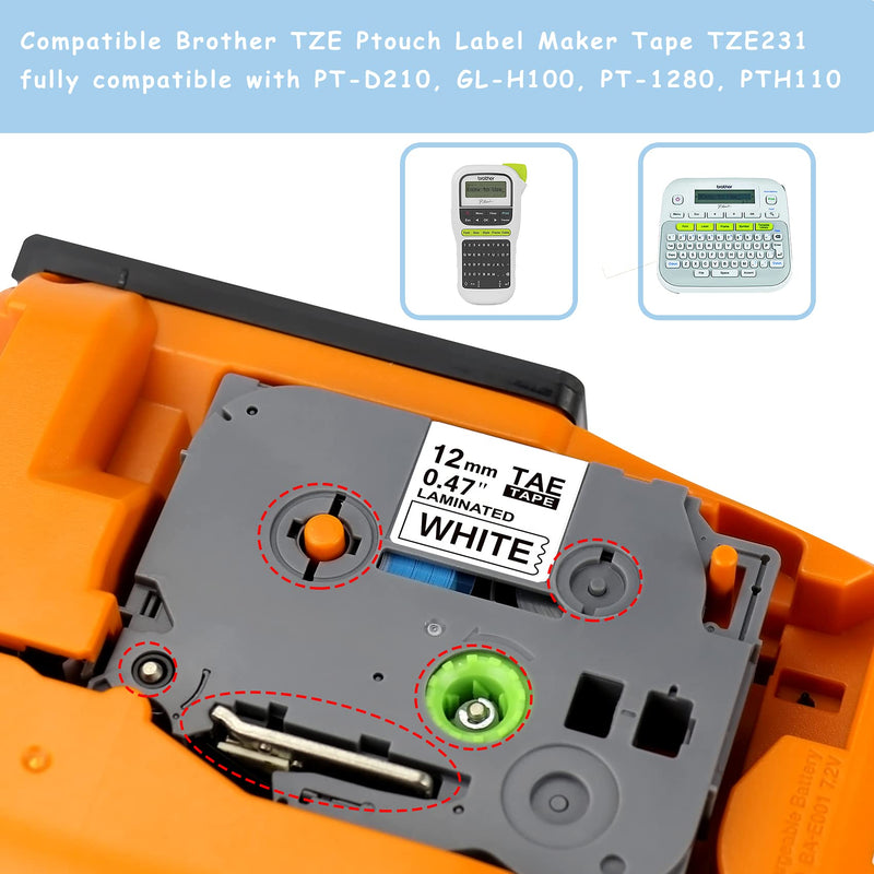 Compatible Label Tape Replacement for Brother TZE Ptouch Label Maker Tape TZE231 Tape 12mm 0.47", for PTD215E PT-1280 PT-D210 H110 D600 1230PC, Black on White, 3 Pack