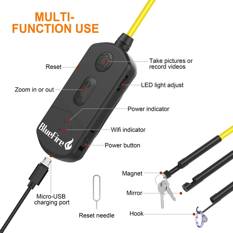 BlueFire 5MP HD WiFi Borescope 1944P Semi-Rigid Wireless Endoscope IP68 Waterproof Inspection Camera Snake Camera for Android and iOS Smartphones iPhone Samsung iPad Tablet (11.5FT)