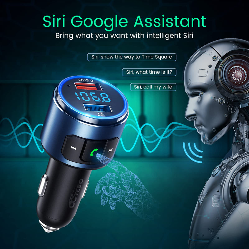 Octeso 2022 V5.0 Bluetooth FM Transmitter for Car, QC3.0 Wireless Bluetooth FM Radio Adapter Music Player/Car Kit with Hands-Free Calls, Siri Google Assistant, LED Backlit Blue