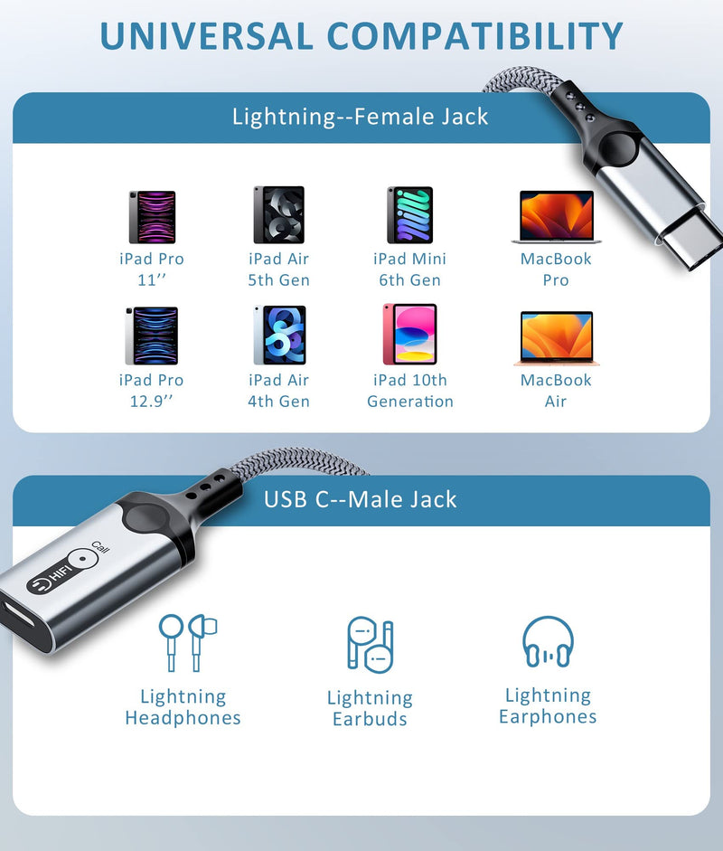 USB C to Lightning Audio Adapter for iPad Pro/ iPad 10, USB C Male to Lightning Female Connector Headphone Adapter for iPad Air 5 Mini 6 MacBook Pro Mac Galaxy S23 Ultra A54 5G, NOT Support Charging