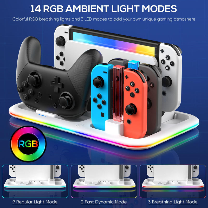 RGB Switch Controller Charger Dock Station for Nintendo Switch & OLED Model Joycon, Charging Docking Station Stand for 4 Joy Cons and Switch Pro Controller with LED Charging Indicator & 8 Game Slots