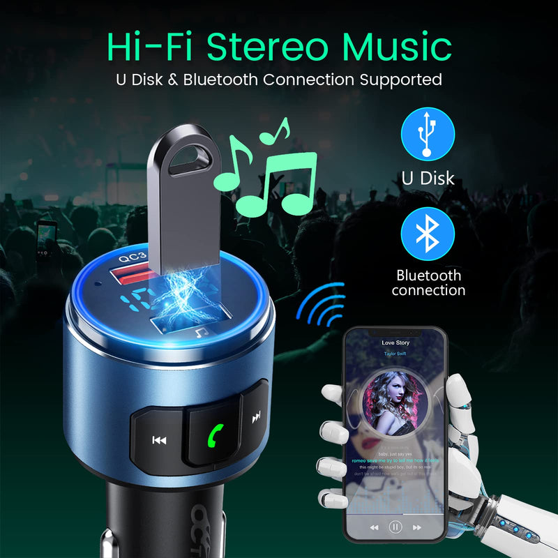 Octeso 2022 V5.0 Bluetooth FM Transmitter for Car, QC3.0 Wireless Bluetooth FM Radio Adapter Music Player/Car Kit with Hands-Free Calls, Siri Google Assistant, LED Backlit Blue