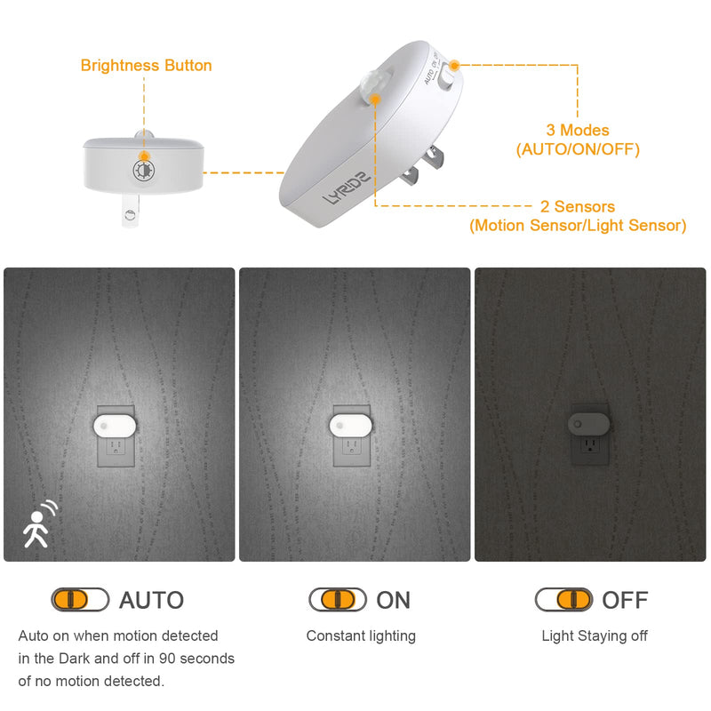 Motion Sensor Night Light Plug in, LYRIDZ LED Nightlight Super Bright 1-120LM Smart Cold White Light with Stepless Adjustable Brightness for Bedroom, Kitchen, Stairs, Hallway, 2 Pack