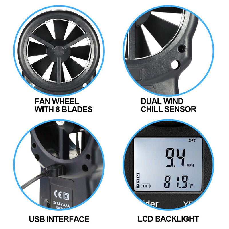 INFURIDER YF-866A Digital Anemometer,Handheld Wind Speed Gauge Portable High-Precision Wind Speed, Wind Temp, Air Flow Measurement Anemometer Data Hold & USB Connected Wind Velocity CFM Tester