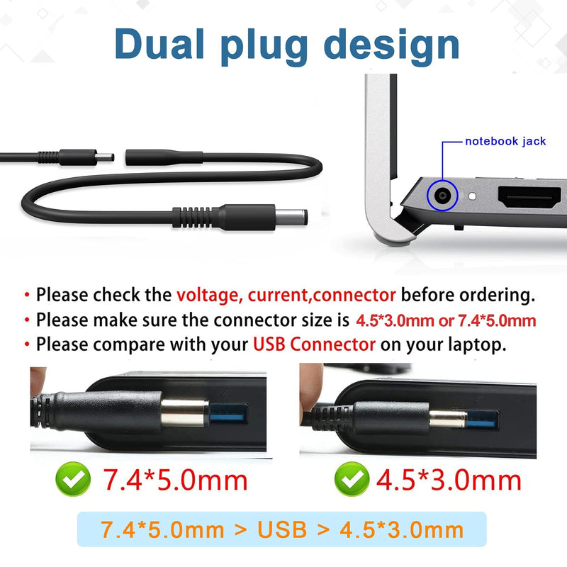 65W Dell Inspiron Charger,Replacement for All Round Connectors Dell Laptop Charger 65W/45W 15-3000 15-5000 15-7000 15-3552 Series 3583 3555 3558 3565 3567 5100 5535 5551 5552 5555（4.5mm&7.4mm） 45W charger
