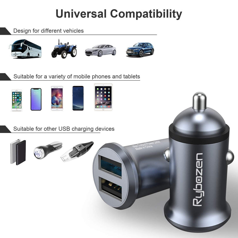 Rybozen Car Charger, Mini 4.8A All Metal USB Car Charger, PowerDrive 2 Alloy Flush Fit Car Charger Adapter Dual Port Charging,for iPhone 12/11 pro/XR/x/7/6s, iPad Air 2/Mini 3, Note 9/Galaxy S10/S9/S8