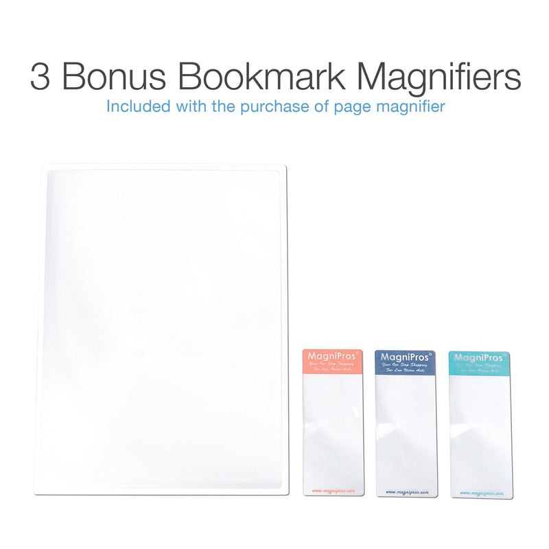 (2 Pack) MagniPros Large Full Page 3X Magnifier Premium Magnifying Sheet Fresnel Lens 7.5" X 10.5" with 3 Bonus Bookmark Magnifiers Ideal for Reading Small Prints & Low Vision Seniors