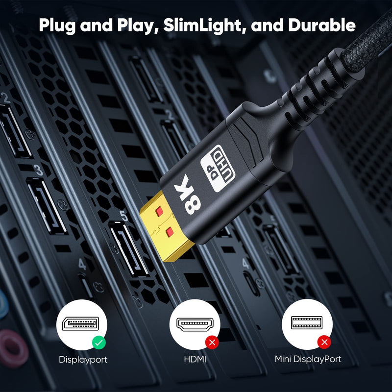 VESA Certified 1.4 DisplayPort Cable 10FT, Capshi 8K DP Cable (8K@60Hz, 4K@144Hz, 1080P@240Hz) HBR3 Support 32.4Gbps, HDCP 2.2, HDR10 FreeSync G-Sync for Gaming Monitor 3090 Graphics PC (10 feet) 10 feet