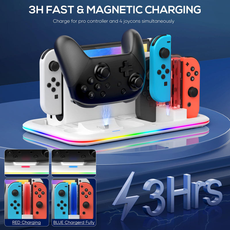 RGB Switch Controller Charger Dock Station for Nintendo Switch & OLED Model Joycon, Charging Docking Station Stand for 4 Joy Cons and Switch Pro Controller with LED Charging Indicator & 8 Game Slots