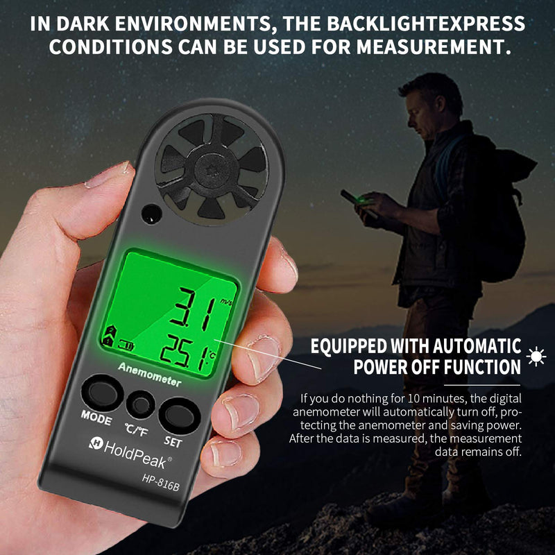 HoldPeak Anemometer Handheld HP-816B2PCS Wind Speed Meter Gauge Air Flow Velocity Measurement with Wind Chill Indication and Backlight for Windsurfing Kite Flying Shooting (Gift : Compass) 3-HP-816B*2PCS