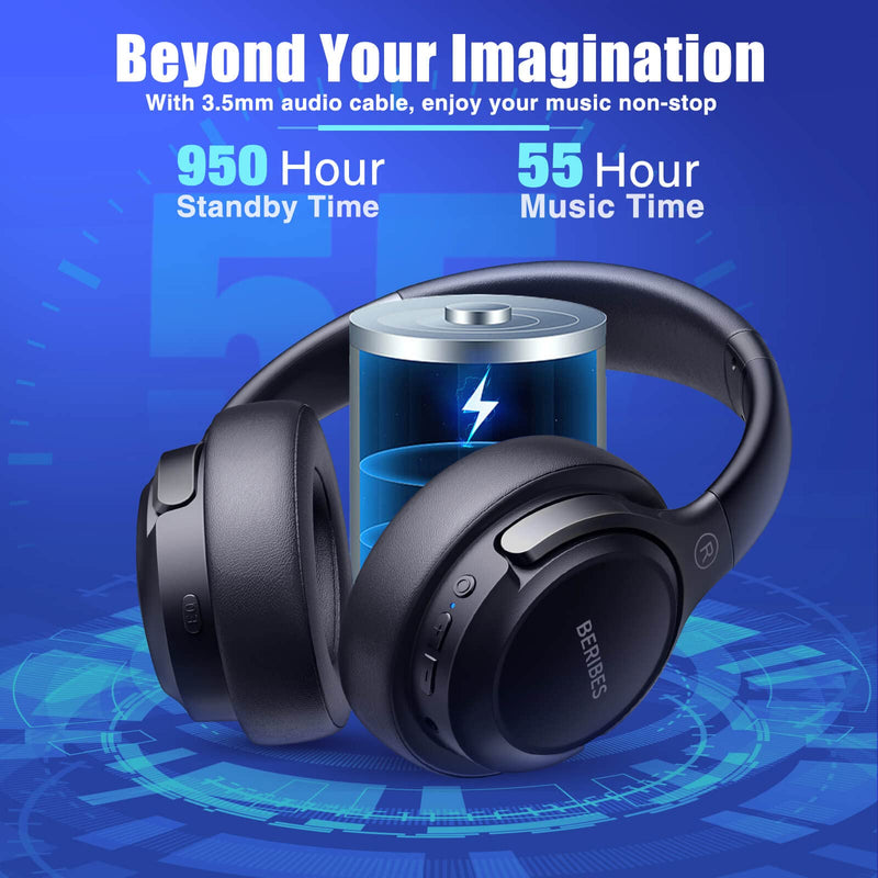 BERIBES Headphones Wireless Bluetooth, [3 EQ Modes] 55H Playtime, Weigh Only 0.38lb Comfort Fit Bluetooth Headphones, Immersive Bass, Smart One Connect Two, HiFi Stereo, Foldable, Built-in HD Mic Black