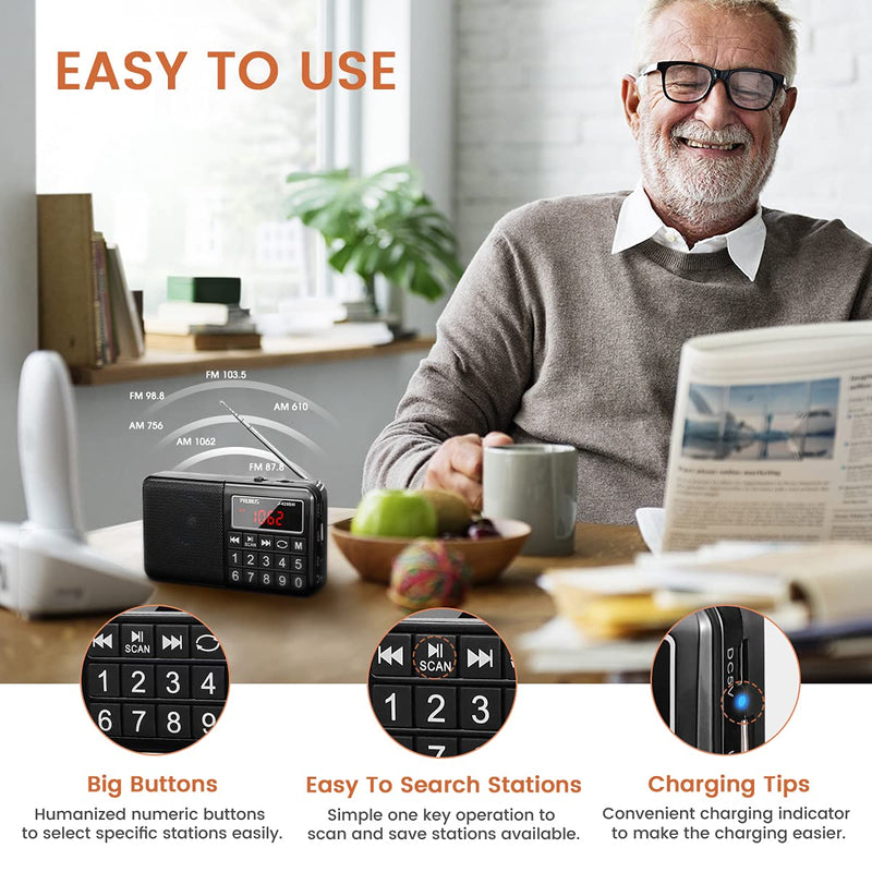 PRUNUS L-429 AM FM Portable Radio Digital Battery Operated Radio with Neodymium Speaker, SW Band, Auto Save, USB Flash Drive TF Card AUX Input MP3 Player (Black) Black