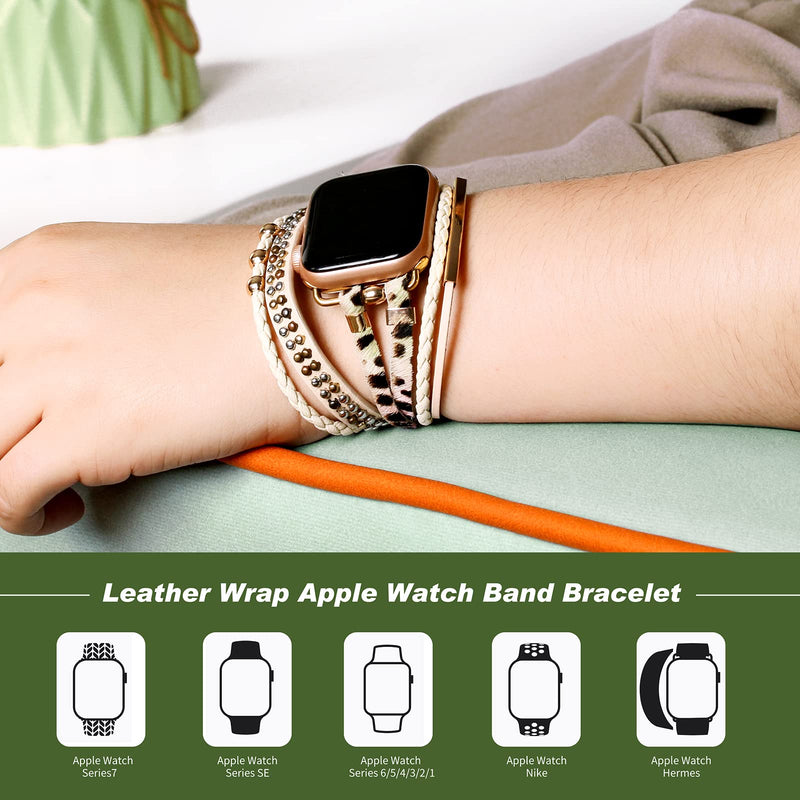 CHARMINGO Boho Leather Wrap Bands Compatible with Apple Watch Band Bracelet for Women Men 38mm/40mm/41mm 42mm/44mm/45mm/49mm, Multilayer Apple Watch Strap for Iwatch Band Series 8/7/6/5/4/3/2/1/SE Ultra Pink