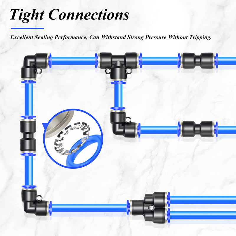 TAILONZ PNEUMATIC 1/4 Inch od Push to Connect Fittings Pneumatic Fittings Kit 2 Spliters+2 Elbows+2 tee+2 Straight (8 pcs) 1/4"OD Blue 8