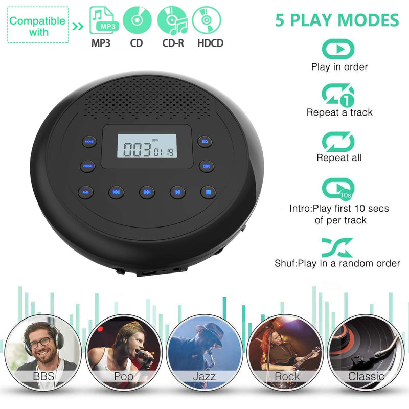 CD Player Portable, MONODEAL Rechargeable Portable CD Player with Built-in Speakers, Walkman CD Player for Car and Personal Use, Anti-Skip CD Player with Headphones