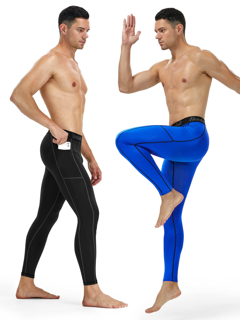 Runhit Compression Pants Men Leggings Pocket Running Tights Athletic Base Layer 2 Pack Pocket :Black&blue Small