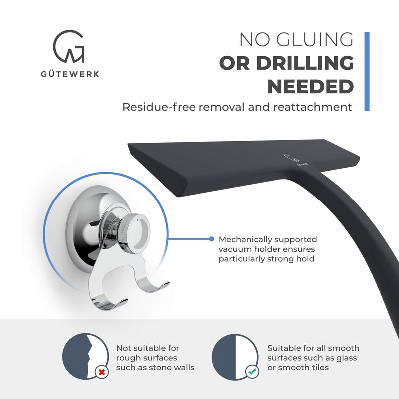 GÜTEWERK Shower Squeegee Black 9 in - incl. Chrome Suction Cup Hook - Stainless-Steel core - Silicone Rubber squeegees for Bathroom Cleaning Window Screen Bath Wiper Cleaner Glass Door Blade Showers 23.0 Centimeters