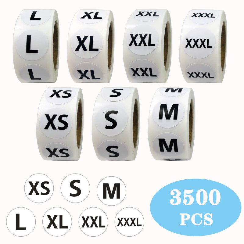 3500 PCS Clothing Size Stickers Labels 7/8" Round Self Adhesive Size Stickers for Clothing T Shirts Retail, 7 Sizes (XS, S, M, L, XL, XXL, XXXL) Xs-xxxl White With Black Word