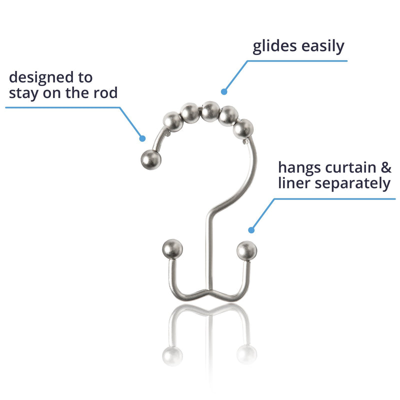 Maytex Curtain Rings, Rust-Resistant Metal Double Roller Glide Hooks for Bathroom Shower, Set of 12, Brushed Nickel