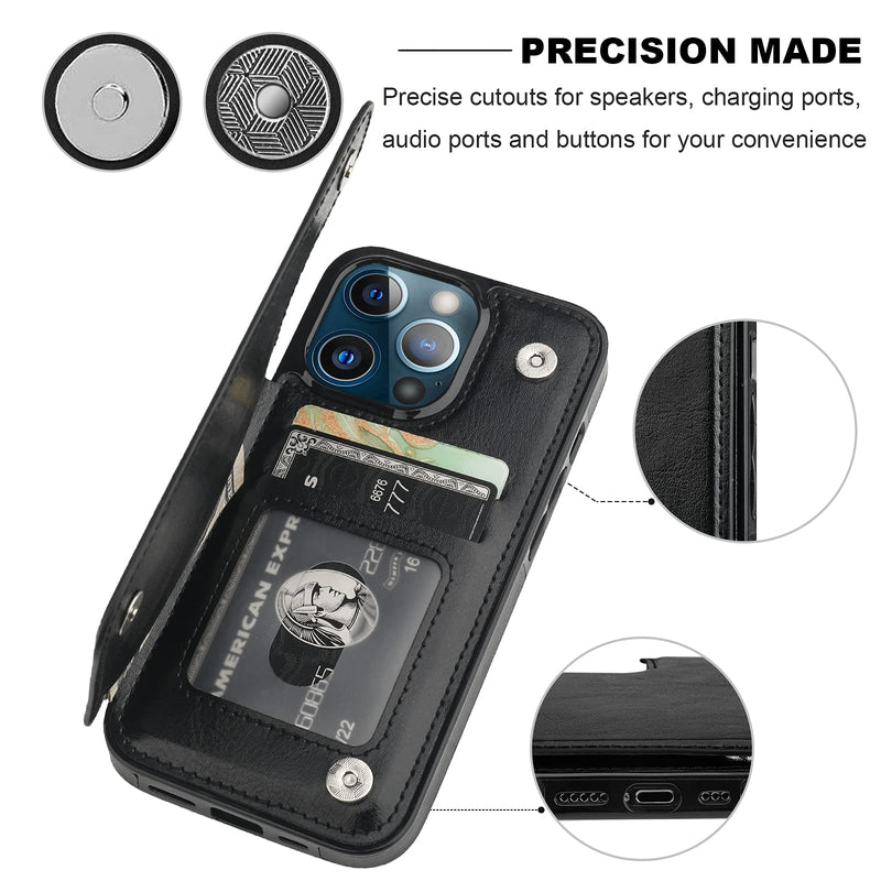 ONETOP Compatible with iPhone 13 Pro Wallet Case with Card Holder, PU Leather Kickstand Card Slots Case, Double Magnetic Clasp Durable Shockproof Cover 6.1 Inch(Black) Black